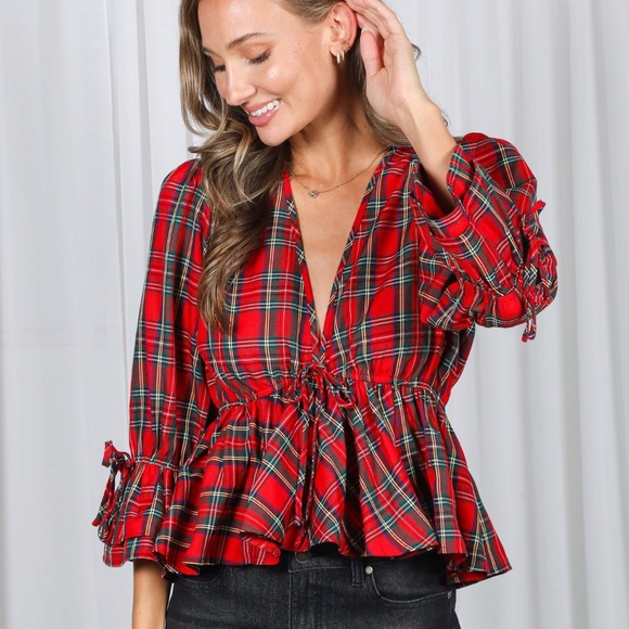 Red Holiday Plaid Ruffle Sleeves V-Neck Cinched Waist Blouse Top - Picture 2 of 5